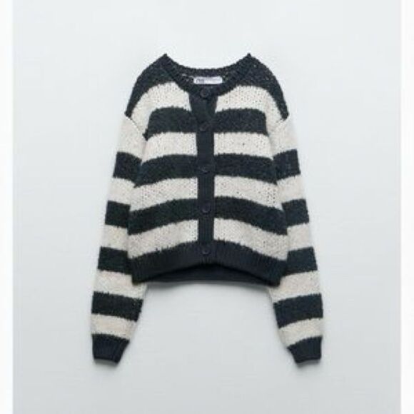 Zara Black and White Striped Cardigan - Picture 1 of 8